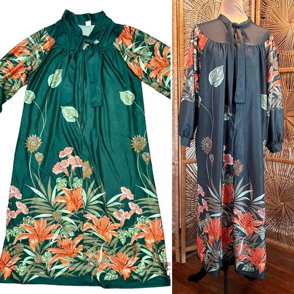 RARE Retro Exclusive of Ornamentation Tiger Lily Green Maxi House Dress Large - Picture 1 of 7